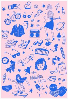 the drawing club poster is shown in blue on pink background, with images of people and objects