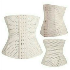 a white corset with holes on the front and side, two different views