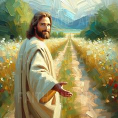 a painting of jesus walking down a road with his arms out to the side and hands outstretched