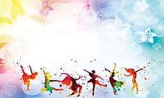 an abstract background with colorful dancers and butterflies in the air, as well as space for text