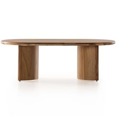 an oval wooden table with two legs and a circular top, on a white background