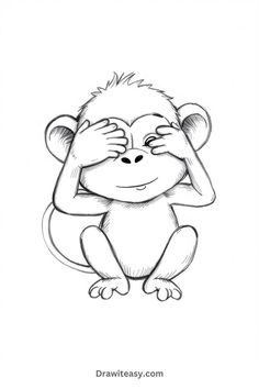 A cute monkey covering its eyes with both hands in a playful pose. Simple Monkey Drawing, Aesthetic Monkey, Drawing Ideas For Kids