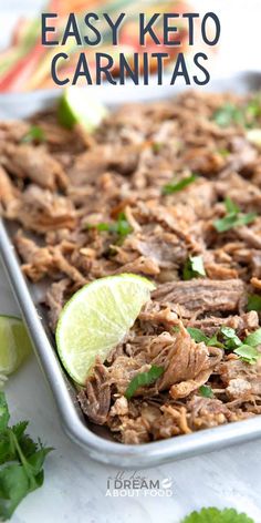 Keto carnitas are naturally low carb and paleo friendly. This slow roasted pork is seasoned with orange, lime, and spices, then broiled to crispy perfection. It's absolutely luscious! #carnitas #ketorecipes #lowcarbrecipes