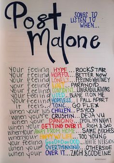 a piece of paper with writing on it and the words post malone written in different languages