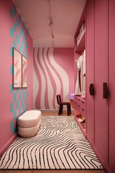 a room with pink walls and white rugs