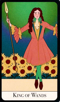 a tarot card with a woman holding a spear and standing in front of sunflowers