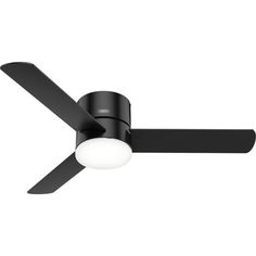 a black ceiling fan with a light on it's side and two blades in the middle