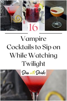 Collage of 4 vampire cocktails. Halloween Drinks Alcohol Vampire, Vampire Themed Alcohol Drinks, Vampire Inspired Cocktails, Twilight Cocktail Party, Twilight Alcoholic Drinks, Werewolf Themed Drinks, Classy Vampire Party, Vampire Themed Drinks, Twilight Mocktails