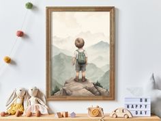 a painting of a boy standing on top of a mountain