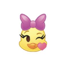 an emo chick with pink bows on her head and eyes closed, holding a heart in it's mouth