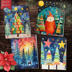 three christmas cards with watercolors and paper work on them, one has a bear in the middle