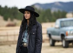 Get the Yellowstone Look: Season 4 Episode 8 - C&I Magazine Monica Dutton, Tanaya Beatty, Yellowstone Series, Black Cotton Jacket, Black Quilted Jacket, Leather Store, Custom Jacket, Biker Leather, Poncho Sweater