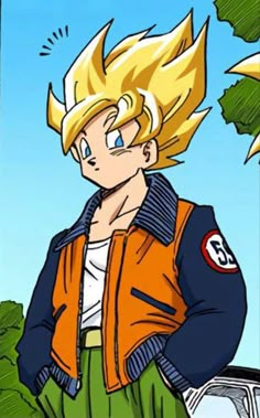 the young gohan is wearing an orange jacket and green pants with his hands in his pockets