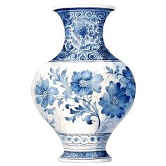 a blue and white vase with flowers painted on the side, sitting in front of a white background