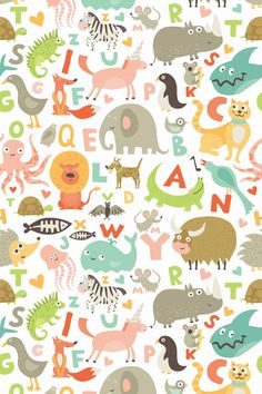 an animal alphabet wallpaper with various animals and letters on it's sides, all in different colors