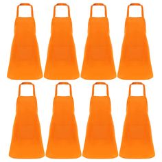 six orange aprons are lined up in a row