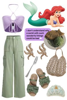 Purple halter tie top paired with green relaxed pants. Green bow sandals. Gold starfish earrings. Green/white/gold seashell hair clip. Handmade woven bag with shells woven in. Ariel Outfit Ideas, Ariel Outfit, Disney Princess Halloween Costumes