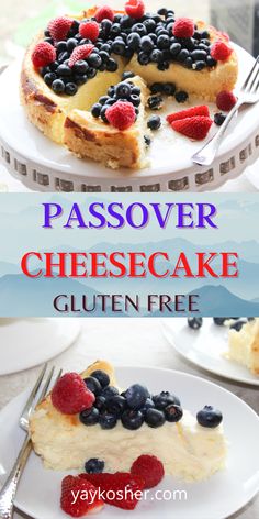 passover cheesecake on a plate with berries Gluten Free Passover Desserts, Passover Cheesecake, Pesach Desserts, Passover Recipes Dinner, Kosher Desserts, Crustless Cheesecake, Passover Recipes Dessert, Passover Desserts, Jewish Holiday Recipes