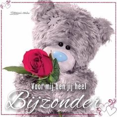 a teddy bear holding a red rose in it's mouth with the words, vor mien nij heel bygonder