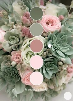 a bouquet with flowers and succulents in shades of pink, grey, green