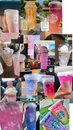 the collage shows many different types of drinks in plastic cups with straws and lids