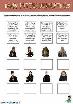 harry potter's descriptions worksheet with pictures and text on it