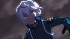 an anime character with white hair and blue eyes pointing at something in the sky behind him