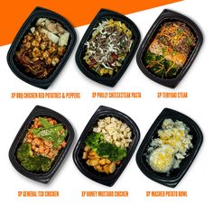 six different types of food in plastic containers