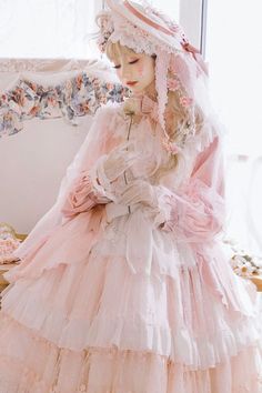 Chu Sakura Stand Collar Long Sleeves Sweet Lolita Dress OP Set Pretty Pics, Kawaii Fashion Outfits, Girls Sweet, Pretty Dress, Sweet Lolita, Girls Fashion Clothes, Kawaii Clothes, Harajuku Fashion, Lolita Dress