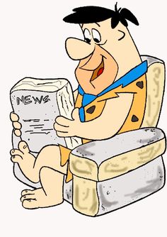 a cartoon man sitting in a chair reading a news paper