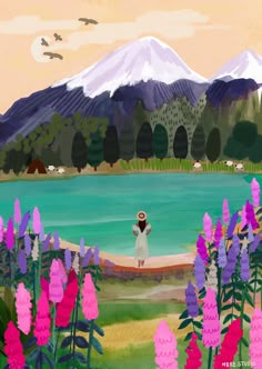 a painting of a woman standing in front of a lake with mountains and flowers around her