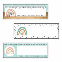 three different labels with rainbows and dots on them, one for each child's name