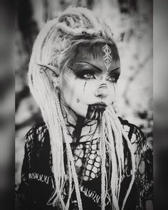 On this pic I was holding my pup and she was pulling hard on the leash... the struggle is real 😂🐾🐺. #gothicgirl #goth #pagan #elf #fantasy… Pagan Makeup Witch, Nordic Elves, Vikings Art, Scary Halloween Makeup, Beautiful Halloween Makeup, Drag Make-up