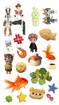 many different types of toys are arranged in the shape of animals and people on a white background