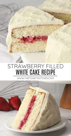 strawberry filled white cake with cream cheese frosting and fresh strawberries on the side