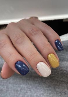 Navy And Mustard Nails, Navy And Yellow Nails, Mustard Nails, Navy Blue Nails, Cream Nails, Manicures Designs, Yellow Nails, Chic Nails, Love Nails