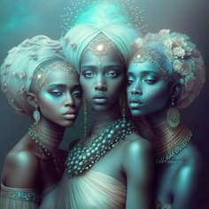 three black women with blue makeup and jewelry on their heads are standing in front of a dark background