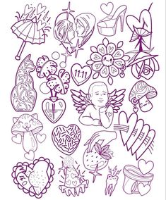 a drawing of many different tattoos on a white background, including hearts, flowers and an umbrella