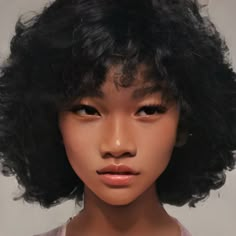 a close up of a doll with black hair and an unkempt look on her face