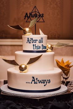 a harry potter themed wedding cake with the words after all this time always