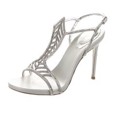 Gorgeous Silver Satin Strass Sandals Stilettos 100mm Heel Straps And Buckle Closure Made In Italy Comes With Box Elegant Closed Toe Sandals For Cocktail, Glitter Stilettos, Size 11 Women Shoes, Jeweled Shoes, Glitter Pumps, Crystal Sandals, Silver Pumps, Crystal Shoes, Rene Caovilla