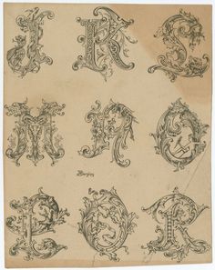 an old fashioned drawing of letters and numbers with fancy designs on them, including the letter e