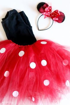 a red and white polka dot tutule with minnie mouse ears