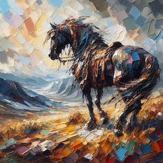 an abstract painting of a horse in the mountains