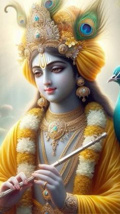 the hindu god is holding a peacock on his arm and looking at it's hand