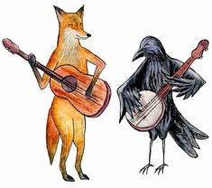 two birds and a fox are playing guitars