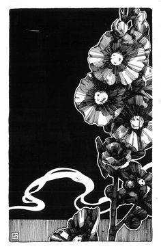 a black and white drawing of flowers on a table