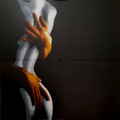 a painting of two hands on the back of a woman's body, with her arms stretched out