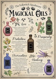 Magickal oils apothecary sign with ritual oil recipes, folk witch style wall art for witchy decor. Also perfect for Book of Shadows pages, a cottage witch Grimoire and witchcraft spell book BoS pages. Includes both A3 and US tabloid wall art versions. Print and add to a frame for witchy decor, or to give as a gothic, Wicca or witchcraft gift. All Things Witchy, Ritual Oil Recipes, Essential Oil Witchcraft, Witchcraft Apothecary, Witchy Oils, Grimoire Art, Folk Witch, Apothecary Sign, Witchy Apothecary