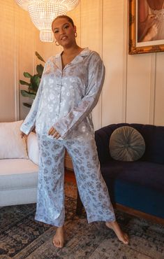 Classic Cropped PJ Set ~ Blue Floral Silky Floral Print Satin Sleepwear For Loungewear, Blue Silk Sleepwear For Pajama Party, Floral Pjs, White Bachelorette Party Outfit, Button Down Pajamas, Maternity Dress Wedding Guest, Bridesmaid Get Ready Outfit, White Bachelorette, Bride Pajama